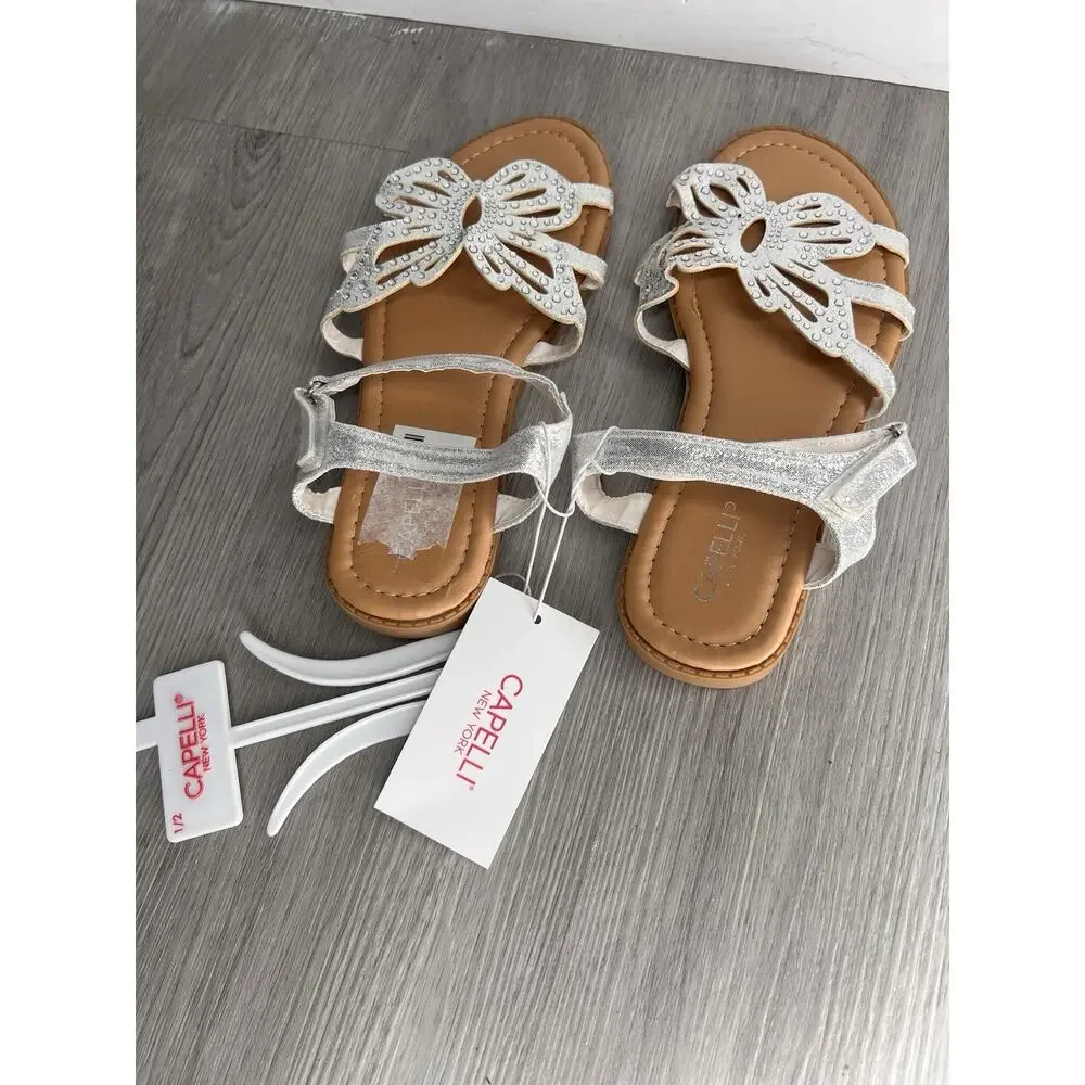 Kids Girls Capelli Shimmering Silver Butterfly Sandal Size 1/2